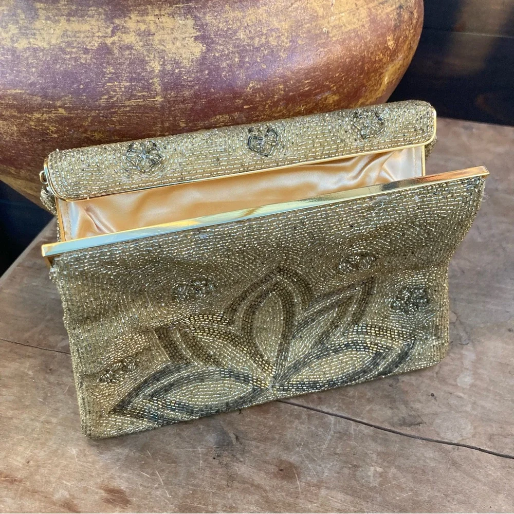 Vintage French DELILL Purse gold beaded lotus flower mini strap dainty art deco
